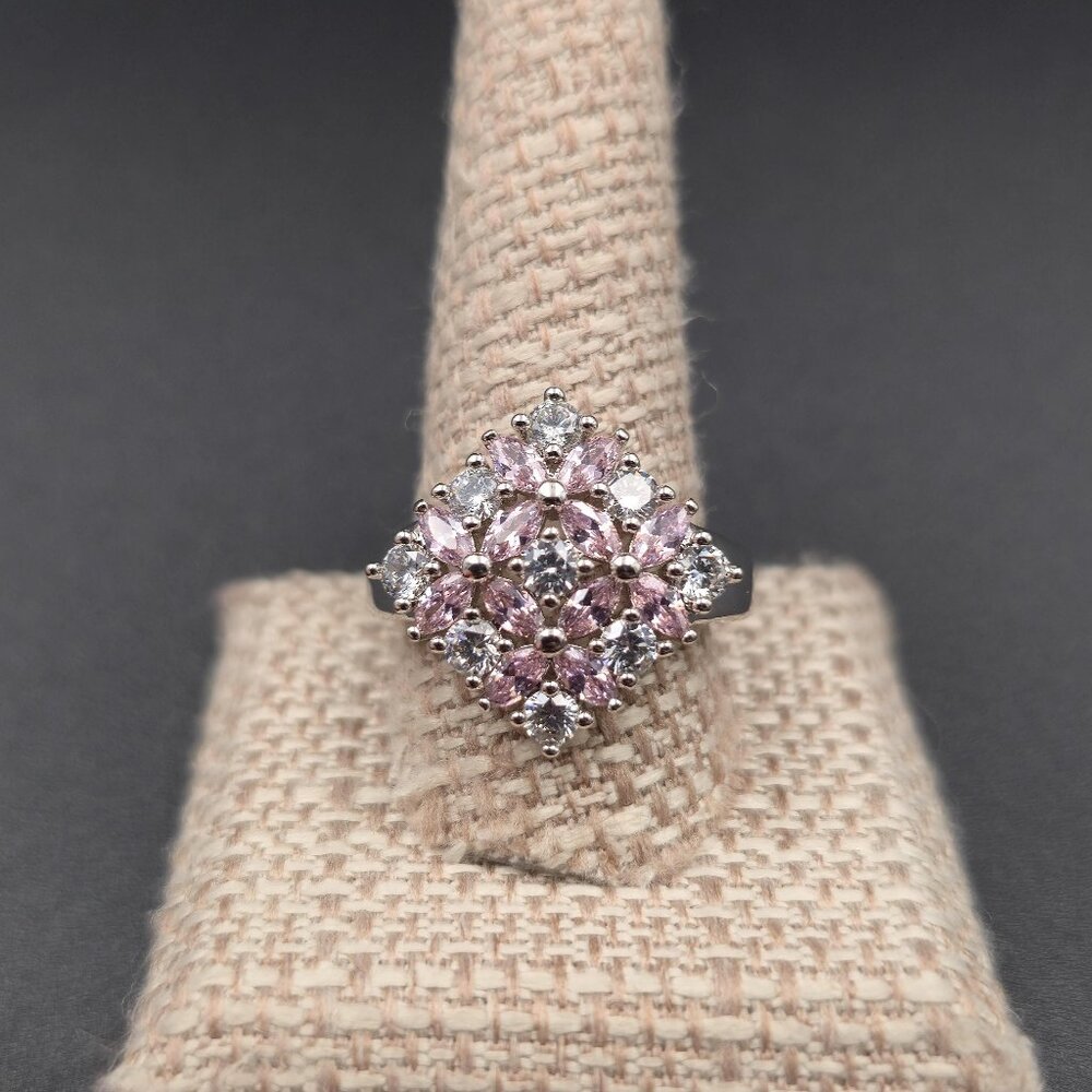 Size 11.75 Sterling Silver Pink And Clear Cubic Zirconia Gems Ring A6450